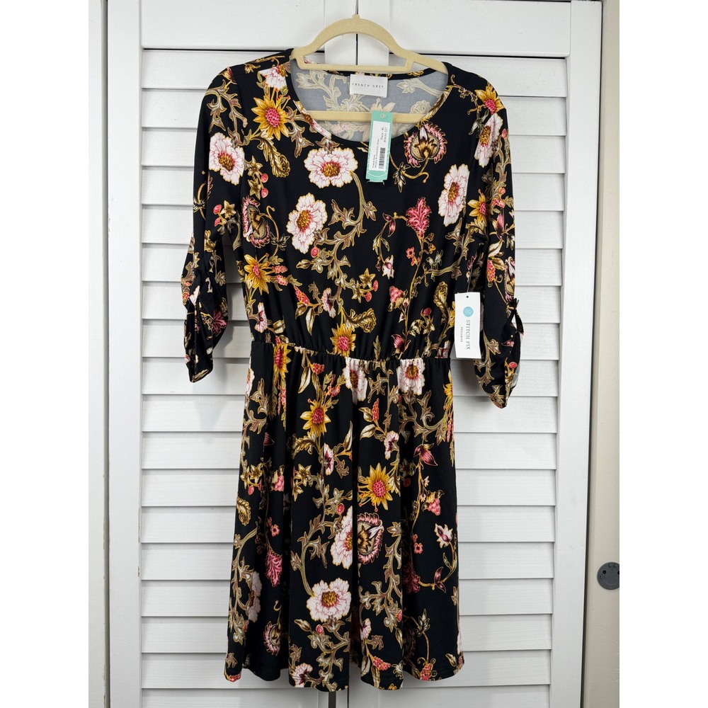 French Grey Murphy Brushed Knit Dress XL Black Floral Roll-Tab Sleeve NEW